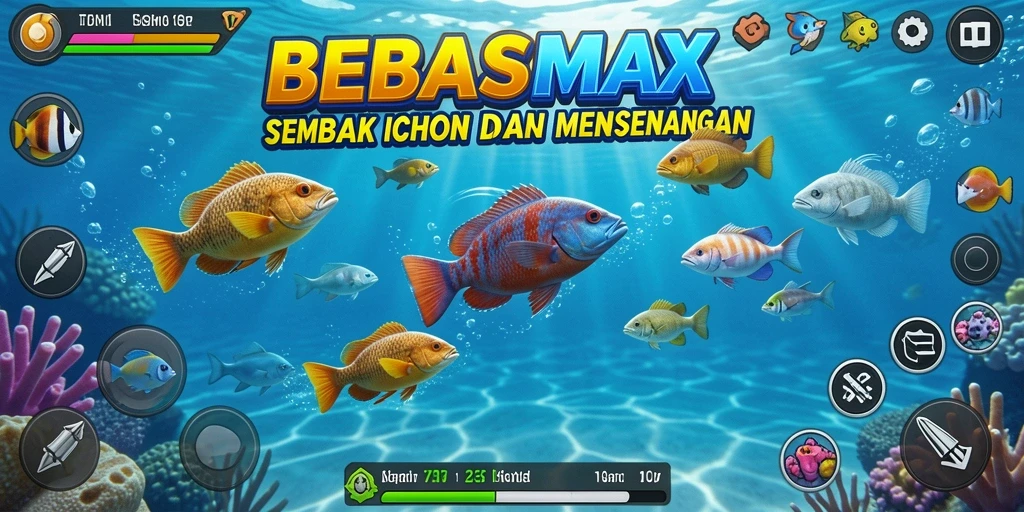 Screenshot gameplay BEBASMAX yang menunjukkan aksi menangkap ikan.