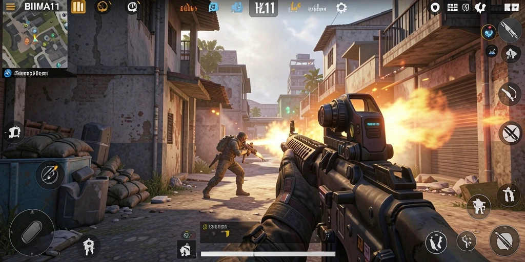 Gameplay intens BIMA11 dengan aksi tembak-menembak yang mendebarkan.