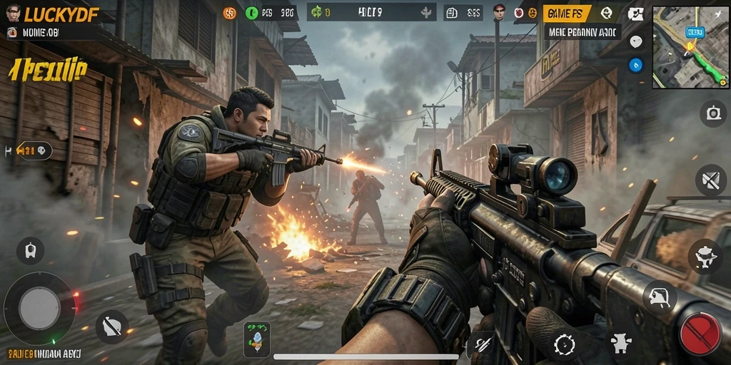 Tangkapan layar menunjukkan aksi seru dalam gameplay FPS LUCKYDF.