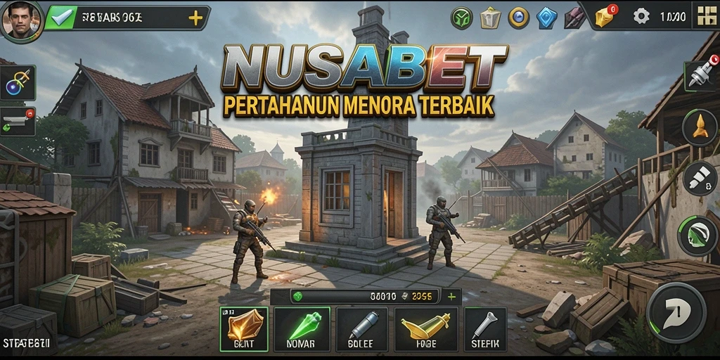 Tampilan gameplay NUSABET dengan berbagai menara dan serangan musuh.