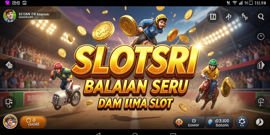 Layar gameplay SLOTSRI menampilkan aksi balapan penuh warna dan slot yang menarik.