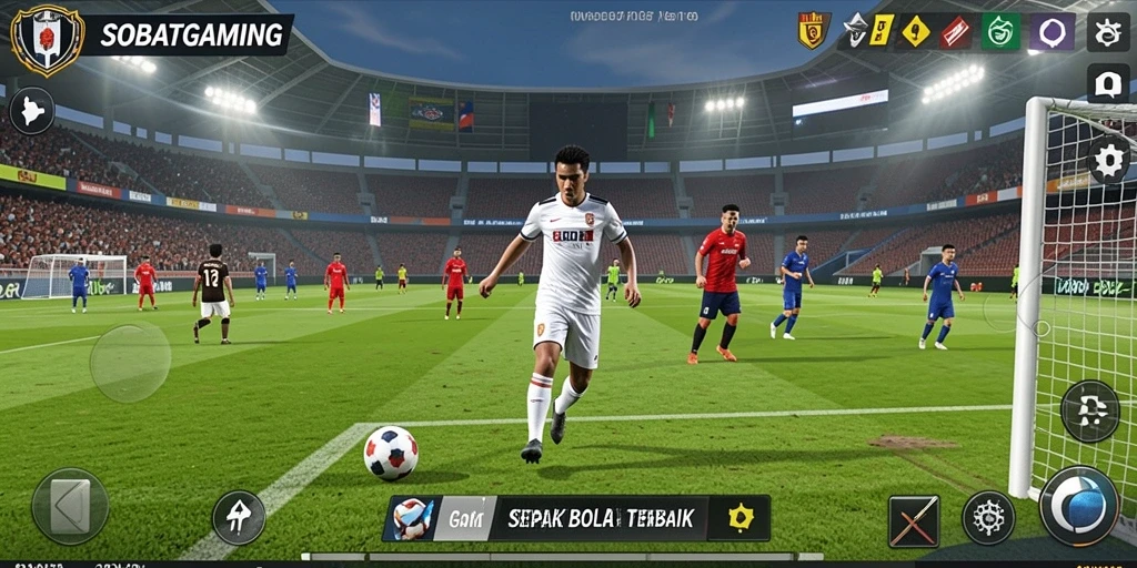 Tampilan gameplay SOBATGAMING dengan aksi seru di lapangan sepak bola.